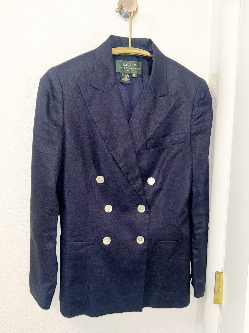 LAUREN Ralph Lauren The Linen Double Breasted NAVY Fitted Blazer SZ: 6 Petite